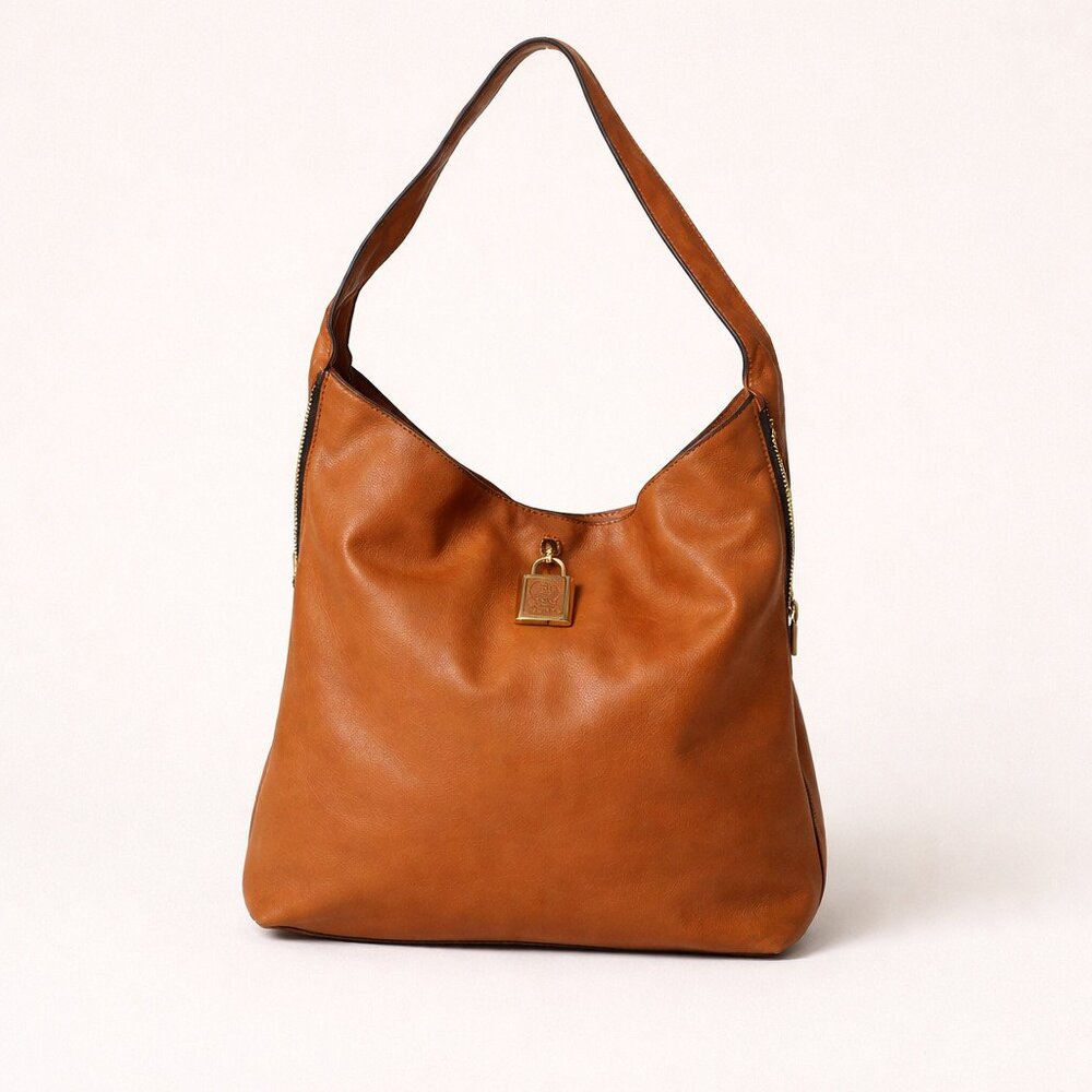 Vince Camuto Saddle Leather Hobo Shoulder Bag w/ Padlock & Expansion Zippers